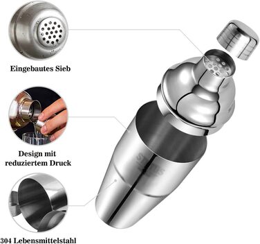 Набір шейкерів для коктейлів, нержавіюча сталь, 750мл, 5 шт. ситечко, мірний стакан, барна ложка, товкач, міксер (2 шт. )