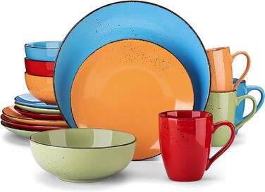 Набір посуду з порцеляни Navia, столовий сервіз із 32 предметів, вінтажний вигляд, дизайн природи (обідній сервіз на 4 особи (16 предметів), синій колір, помаранчевий, червоний, трав'яний зелений)