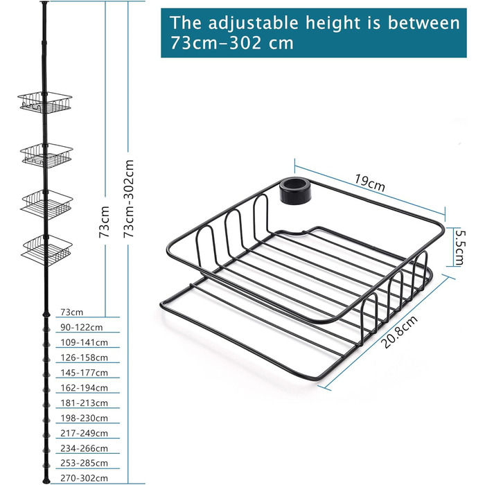 Телескопічна душова полиця HOUHA, душова полиця без свердління Металева кутова полиця з 4 кошиками, телескопічна полиця для ванної кімнати з регулюванням висоти 73-302см, душова полиця кутова для ванної кімнати, (чорна)