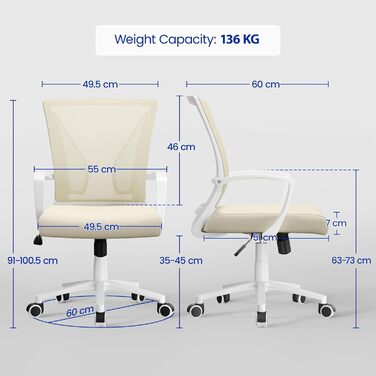 Офісний стілець Yaheetech ергономічний з сітчастою спинкою, регульований, з підлокітниками, бежевий, до 136 кг