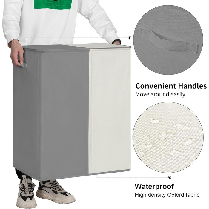 WOWLIVE Кошик для білизни з кришкою, великий, розкладний, 2 секції, з ручками (154л, Бежевий+сірий)