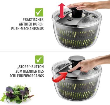 Салатниця-швидкообертач GEFU з кришкою для зберігання | 3л пластикова чаша з вбудованим ситом та ручним приводом | Чорний/Сірий колір