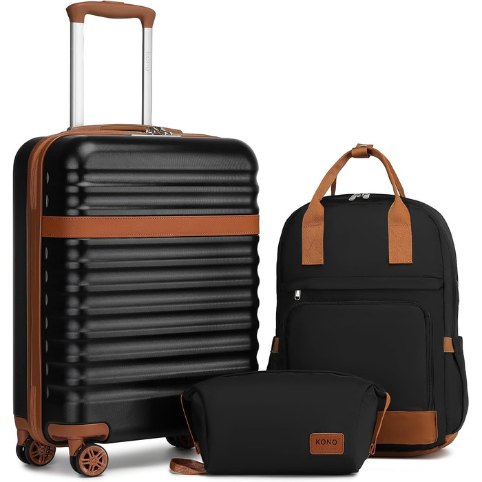 Набір валіз та рюкзака KONO: валіза ручної поклажі 3в1, рюкзак, культиватор. З ABS+PC, TSA-замок, 4 колеса. Чорний/Коричневий