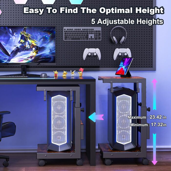 Регульована підставка для комп'ютера Tower з 2-ярусним корпусом ATX, підлоговий стійк, стійка для 3D-принтера з полицями, фіксуючі колеса, сумісна з більшістю комп'ютерів (темно-коричневий, W44 x D30 x H44-59.5cm)