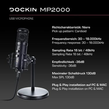 DOCKIN® MP2000: USB мікрофон для ПК, геймінгу, подкастів та стрімінгу. Якісний мікрофон з важким штативом для запису звуку. (130dB)