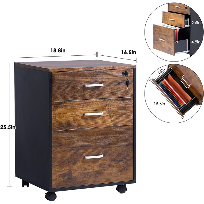 Шафа для документів SDHYL з 3 висувними ящиками на колесах, верхній ящик з замком, великий об'єм, для дому та офісу, ретро стиль