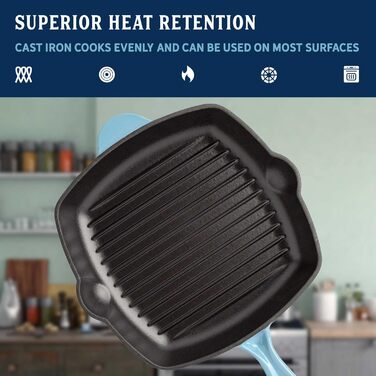 Квадратна сковорода для гриля Country Living з емальованого чавуну, антипригарне покриття, виливний носик, посуд для кухні та вулиці, блакитна, 28 см