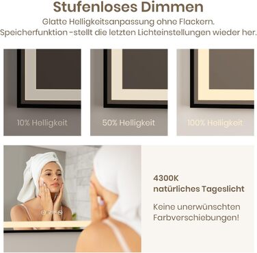 Дзеркало для ванної кімнати EMKE з підсвіткою 70x50 см, чорне, з сенсорним керуванням, регулюванням яскравості, протитуманним покриттям, годинником, функцією пам'яті та нейтральним світлом 4300K, енергозберігаюче, вологостійке (IP44)