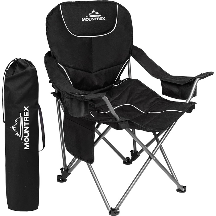 Крісло для кемпінгу MOUNTREX - Розкладне крісло до 150 кг - Крісло для риболовлі, Пляжне крісло - Регульована спинка та підлокітник, Складний, М'який, Складний - Крісло для кемпінгу з сумкою-холодильником, підстаканником чорний