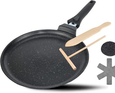 DIVORY Сковорода-гриль 28x28 см з виливом та знімним ручками - сковорода для стейків на індукційній плиті, з антипригарним покриттям, з лопаткою та захистом для сковороди (Чорний, сковорода для крепів 28 см)