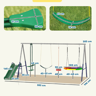 Комплекс для ігор 5-в-1 з гіркою, регульованою по висоті, з сітчастою гойдалкою, розміром 382x196x203 см, багатокольоровий