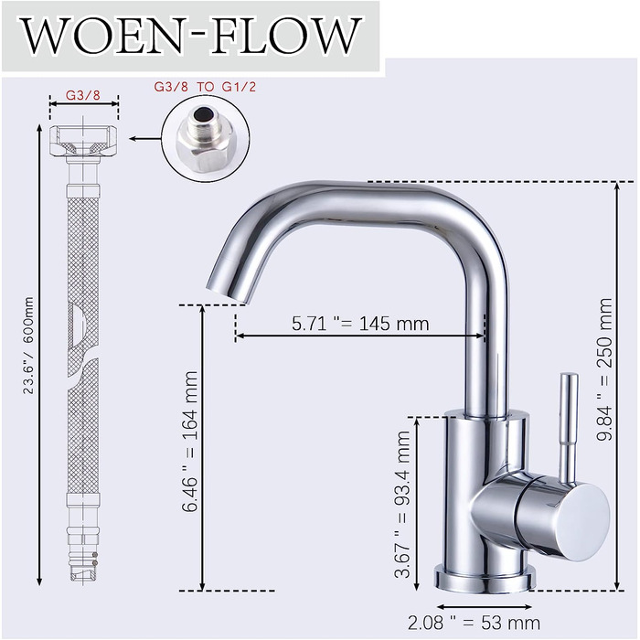 Змішувач для ванної кімнати, поворотний змішувач для раковини Woen-Flow на 360, простий в установці змішувач для змішувача з високим носиком, Змішувачі Для раковини з одним важелем для ванної кімнати, маленька кухня, хром (L-подібний хром)