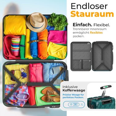 Набір дорожніх валіз KESSER з 3 предметів, жорсткий корпус ABS, кодовий замок, ваги для багажу та дорожній гаманець, колеса 360°, колір Petrol Teal