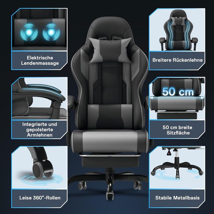 Ігровий крісло, офісне крісло з підніжкою, ергономічне крісло з регульованою спинкою 90-135°, вантажопідйомність 150 кг (сірий)