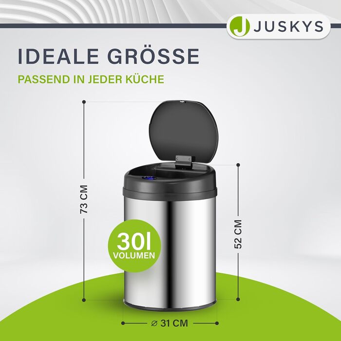 Відро для сміття Juskys з датчиком руху, 30 л, сріблястого кольору - нержавіюча сталь, з кришкою-кліпсою для пакетів