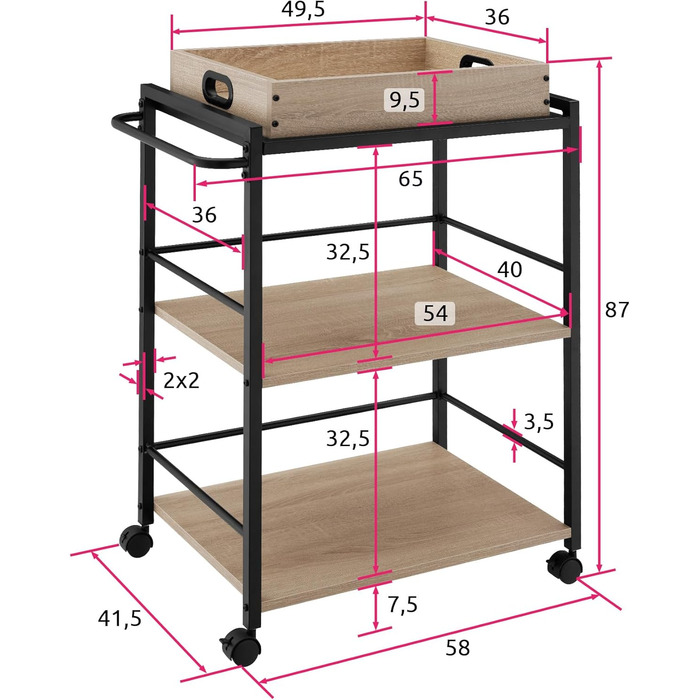 Візок для сервірування tectake з підносом, 65x41.5x87 см, кухонний візок на колесах, 2 дерев'яні полиці, промисловий стиль, дуб Sonoma