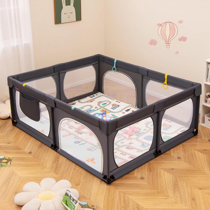 Дитячий манеж COSTWAY Laufstall з матрацом 189 x 158 см, з 50 м'ячиками та 4 ручками, дитяче огородження, намет-манеж з дихаючою сіткою для малюків (темно-сірий)