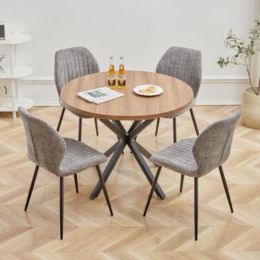 Набір обіднього столу та стільців GrandCA HOME: круглий стіл 100 см та 4 сучасні стільці з льону, для вітальні, кухні, їдальні, темно-сірий
