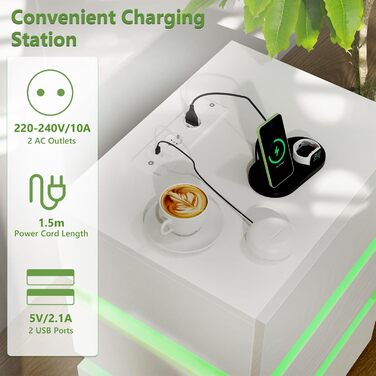Нічний столик з розеткою та LED, нічний комод з функцією зарядки та USB, 2 висувні ящики (45x35x46/62 см, білий, набір 2 шт.)