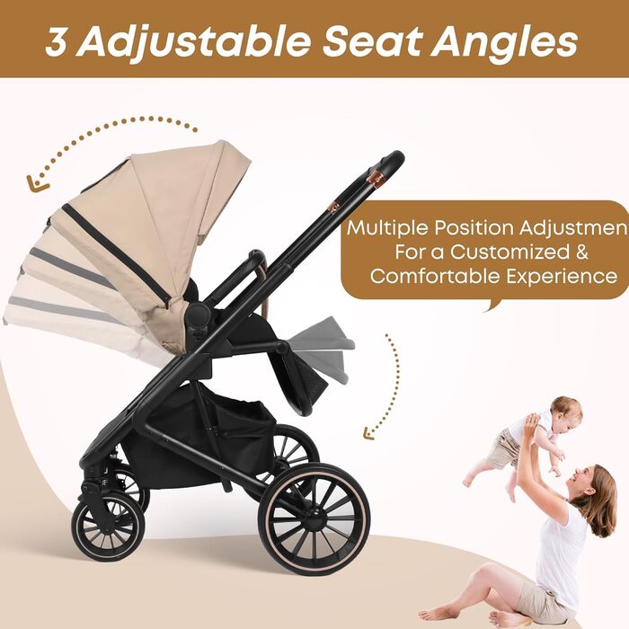 Дитяча коляска 2-в-1 BabyVoyage з люлькою та прогулянковим блоком, поворотні колеса 360°, амортизація, регульована ручка, складана, колір зелений (хакі)