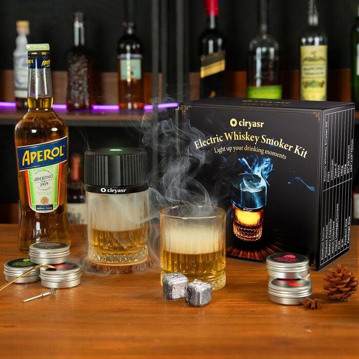 Набір для копчення віскі CIRYASR, електричний, без бутану, з 6 смаками дерев'яної стружки, 2 віскі-стоуни, RGB-підсвічування, подарунок для чоловіків, батька, чоловіка (з 2 склянками)