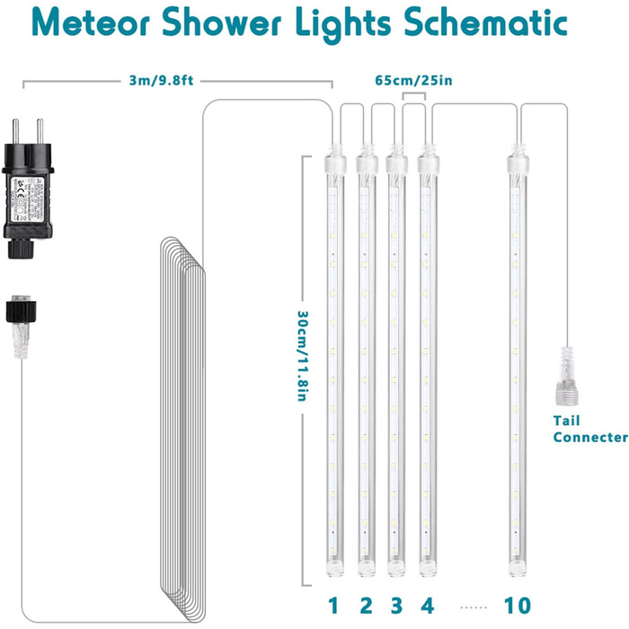 Дощові ліхтарі Meteor Shower, BrizLabs 240 LED, Різдвяні гірлянди з бурульками, 30 см, 10 трубок, холодний білий