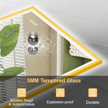 Круглий LED дзеркало для ванної кімнати Furduzz з підсвічуванням, 700 мм, настінний, сенсорний вимикач, регулювання яскравості, 3 кольори, проти запотівання, інтелектуальна пам'ять (модель 2, золота рамка, 70 x 50 см)