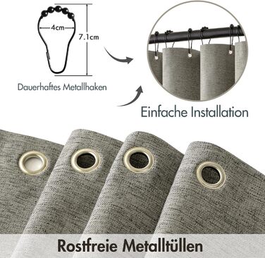 Шторка для душу MIULEE 120x200 см, льонова текстура, з чорною окантовкою, готельний стиль, водонепроникна, антигрибкова, тканинна, з 8-ма кільцями, сіра