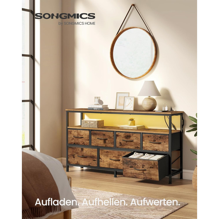 SONGMICS BELLAH: Комод, шафа, LED-підсвічування, тумба з зарядкою, індустріальний стиль, вінтажний коричневий + чорний, 7 ящиків, LGS723KD01