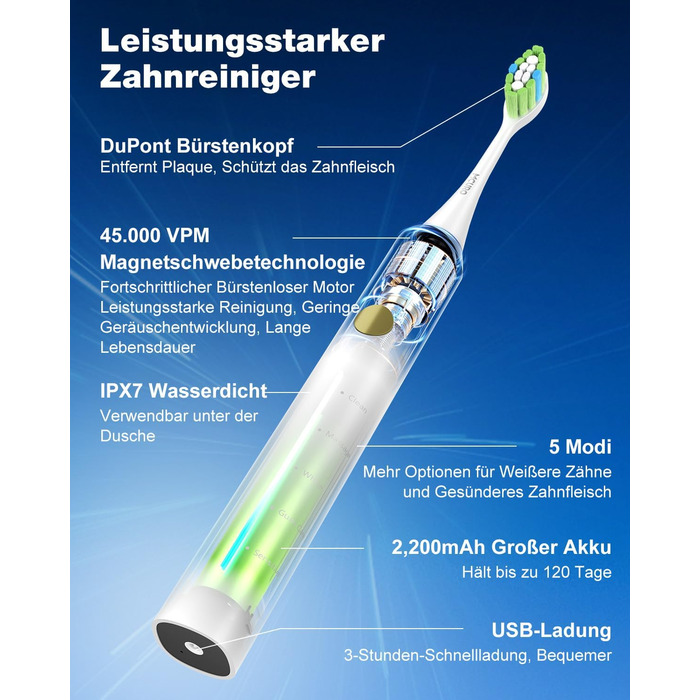 Електрична звукова зубна щітка з 6 насадками DuPont, 5 режимів, таймер, індикатор заряду, 120 днів роботи від акумулятора, 45000 VPM, відбілювання за 1 тиждень