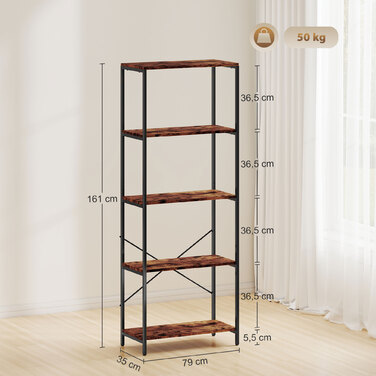 HOMCOM Полиця для книг, 5 ярусів, металева конструкція, поверхня з меламіну, коричнева