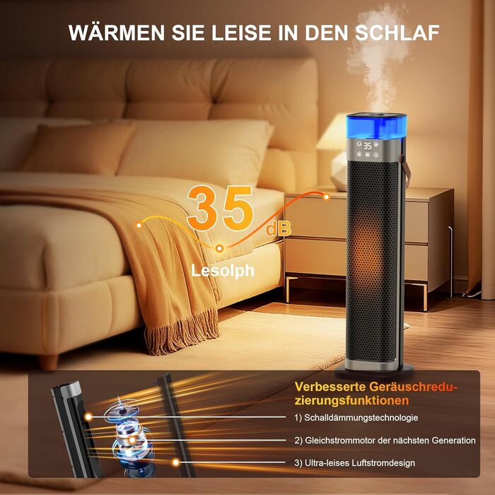 Електричний обігрівач з підігрівом, 2000W, PTC керамічний, з функцією зволоження, пульт дистанційного керування, 75° осциляція, 3 режими підсвічування, ECO-режим, захист від перегріву та перекидання, таймер 12 год