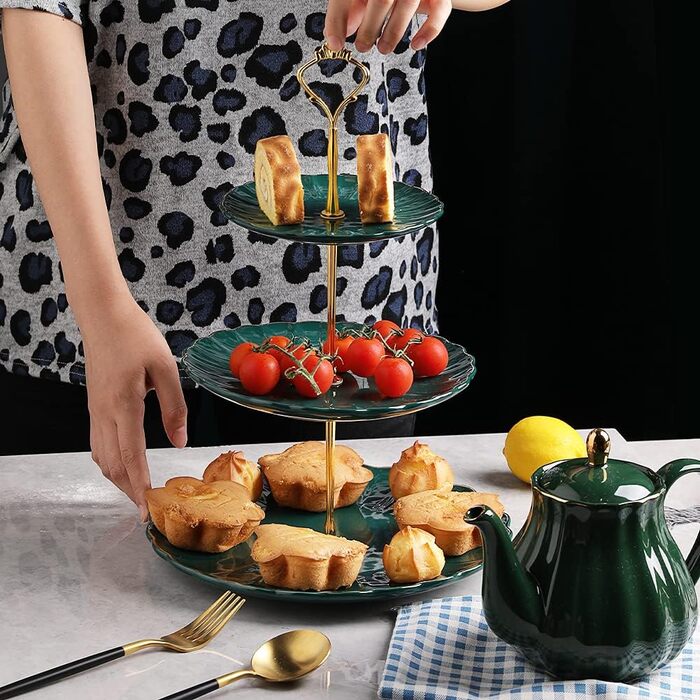 Стійка для тістечок Sweejar Home з кераміки, 3 яруси, для весілля, десертів, тістечок, чаювання, сервірування їжі (Смарагдовий)