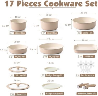 Набір посуду SENSARTE з керамічним покриттям, 17 предметів. Антипригарне покриття, знімні ручки, підходить для всіх типів плит, безпечний для миття в посудомийній машині та духовки. Без PFAS, PTFE, PFOA, PFOS (Бежевий)