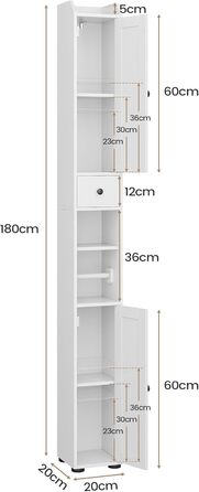 Окремо стояча тумба для ванної кімнати з тримачем для туалетного паперу, регульовані полиці, ящики, 20x20x180 см, білий