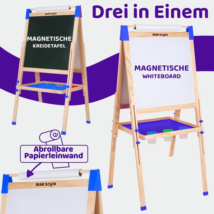 Дитяча мольберт Blue Squid Kinder Staffelei - регульована висота, двосторонній, з крейдяною та магнітною дошками, рулон паперу, 100+ аксесуарів, для дітей 3-12 років, преміум-якість 2025