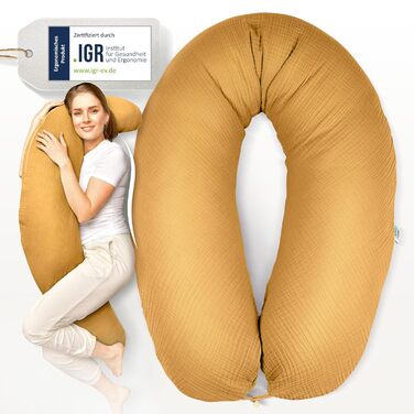 Подушка для вагітних Sei Design XXL з екологічної тканини Öko-Tex | Ергономічна подушка для сну та годування | Безшумна еластична наповнювач, чохол 100% бавовна (Musselin Bernstein, 190x30)