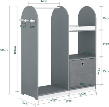 Дитяча шафа SoBuy з 3 гачками, шафа для одягу в дитячу кімнату, шафа для іграшок з ящиками, полиця, сірий, 97x108x35 см, KMB40-HG
