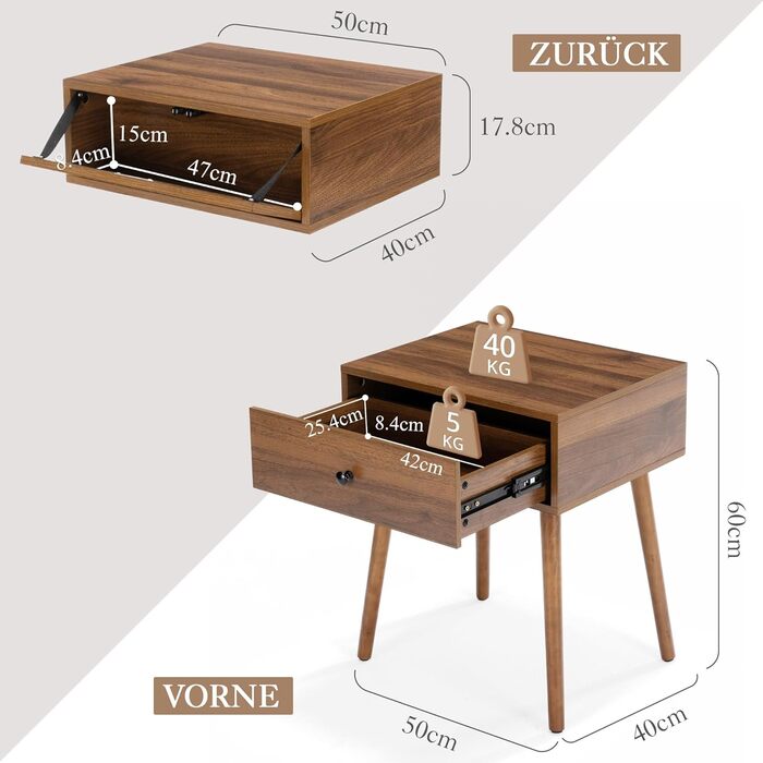 Набір з 2 тумбочок LUE BONA: сучасні приліжкові столики з прихованими ящиками та ніжками з дерева, горіх, для спальні та вітальні
