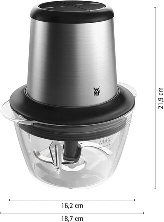 WMF Kult X Електричний подрібнювач міні-подрібнювач з скляною чашею та лезами з нержавіючої сталі, для овочів, трав та горіхів, 1л, довговічний, придатний для миття в посудомийній машині