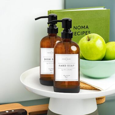 Набір дозаторів для мила 2 шт. для кухні та ванної кімнати, нержавіюча сталь, скло Amber, 475 мл, з водонепроникними етикетками (матова чорна)