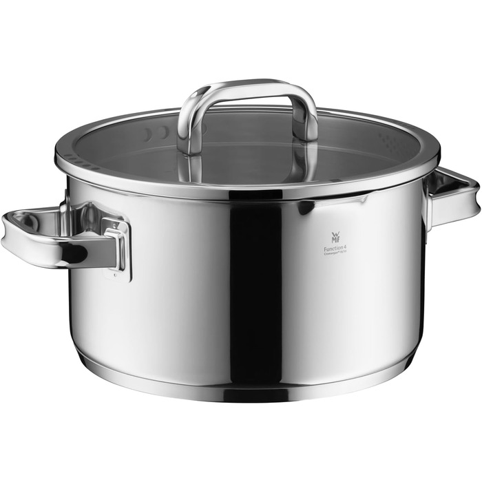 Каструля WMF Function 4 Stielkasserolle 16 см з кришкою з термоскла, 1,4 л, для індукційних плит, Cromargan® нержавіюча сталь, 4 функції зливу, внутрішня мірка, срібна