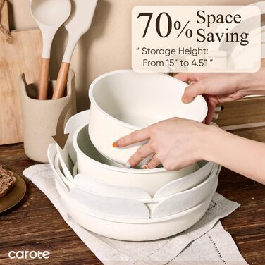 Набір посуду CAROTE 19 предметів, антипригарне покриття, кухонний набір, безпечний для духовки та холодильника, економія місця, універсальний набір, кремовий (19 шт)