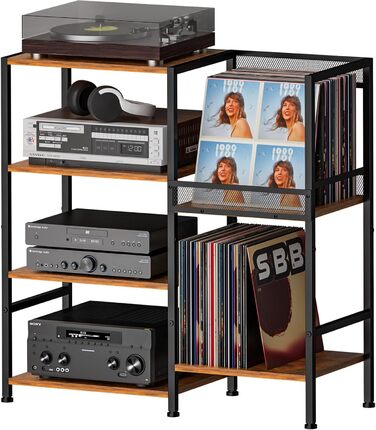 Підставка для програвача з полицями для вінілових платівок, до 200+ альбомів, медіа-тумба, консольний столик, стійка для аудіо-відео, підставка для програвача, полиця в стилі рустік, коричнева, компактна