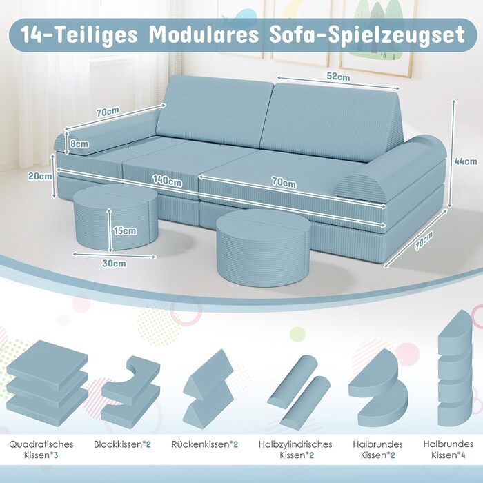 Дитяче ігрове диван-крісло, 15-ти частинний модульний диванчик для дітей, з сертифікатом Oeko-Tex 100, з м'якого велюру (блакитний)