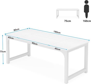 Стіл Tribesigns 180x80 см, індустріальний кухонний стіл для 6-8 осіб, прямокутний стіл для їдальні, кухні, вітальні, з міцними металевими ніжками (Білий)