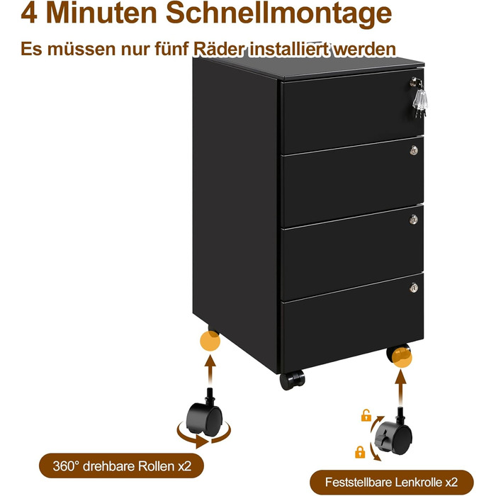 Роликовий контейнер HOMSTEEL з 3 замками, 4 шухлядами, для офісу та дому, білий (44 x 37 x 69.5 см)