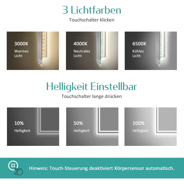 Дзеркало для ванної кімнати EMKE з підсвічуванням 80x60 см, LED, з датчиком руху, сенсорне, проти запотівання, 3 кольори світла, регулювання яскравості, таймер 1 год, IP44, енергозберігаюче