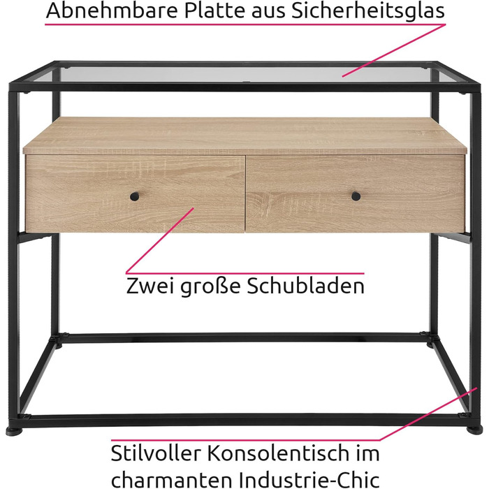 Консольний столик Tectake з 2 ящиками та полицями, журнальний столик в індустріальному стилі, 101,5x41,5x80,5 см, дуб Sonoma
