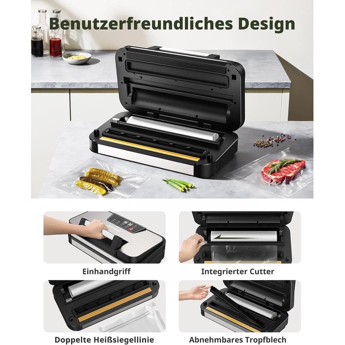 Вакууматор AIRMSEN 95 кПа з функцією підкачки, професійний вакуумулятор для сухих та вологих продуктів, 120 Вт, з відсіком для рулонів, різаком та шлангом, подвійний шва 2x3 мм